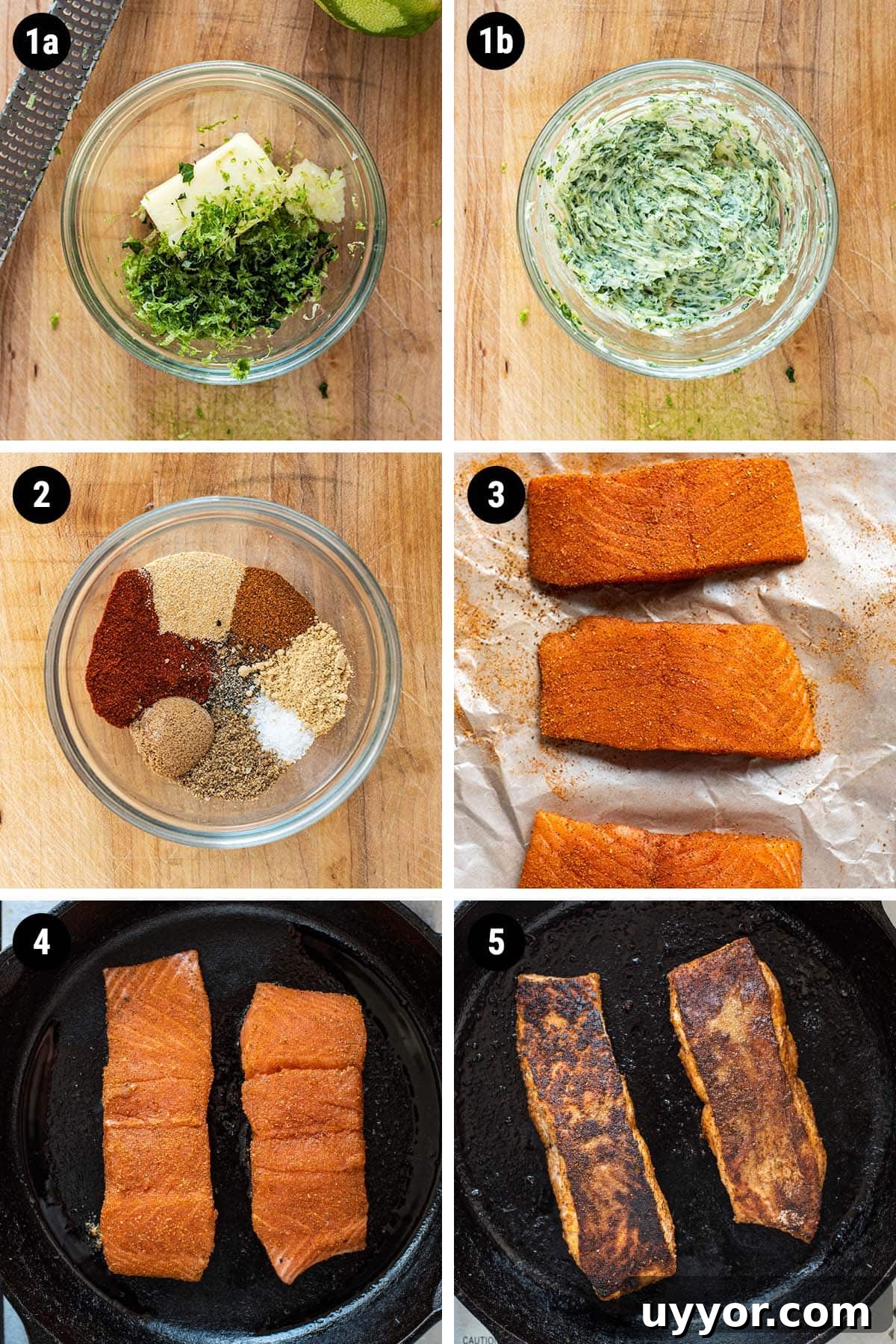 A photo collage showing the step by step process of cooking blackened salmon.