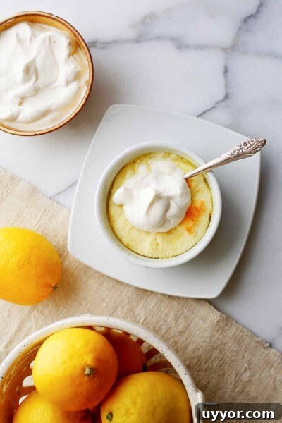 Lemon Buttermilk Pudding Cake Recipe for Moist Tangy Dessert 3 A lemon buttermilk pudding cake in a white bowl on a white plate, topped with whipped cream with a bowl of cream and basket of lemons on the side.