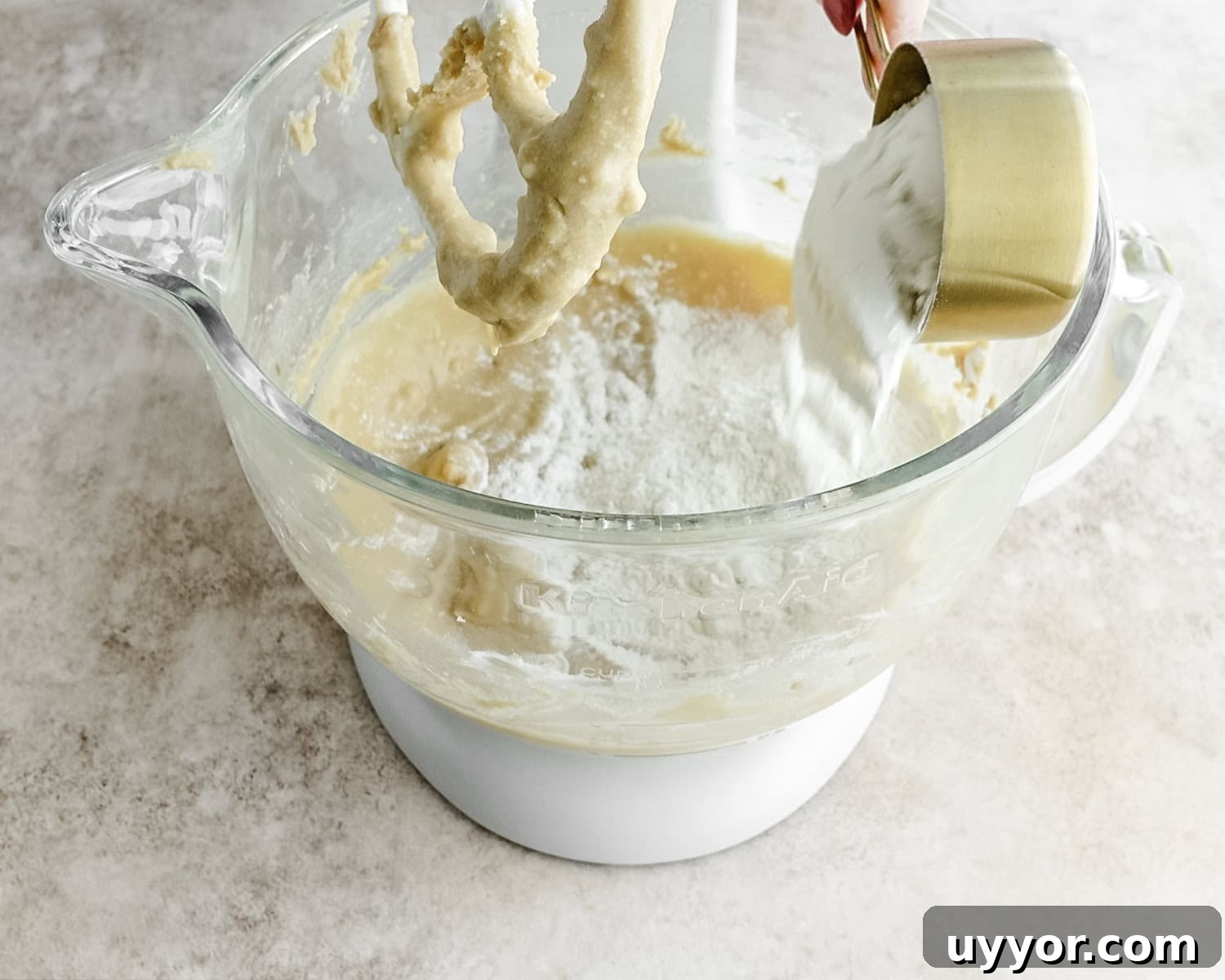 Add cake flour to the mixer bowl.