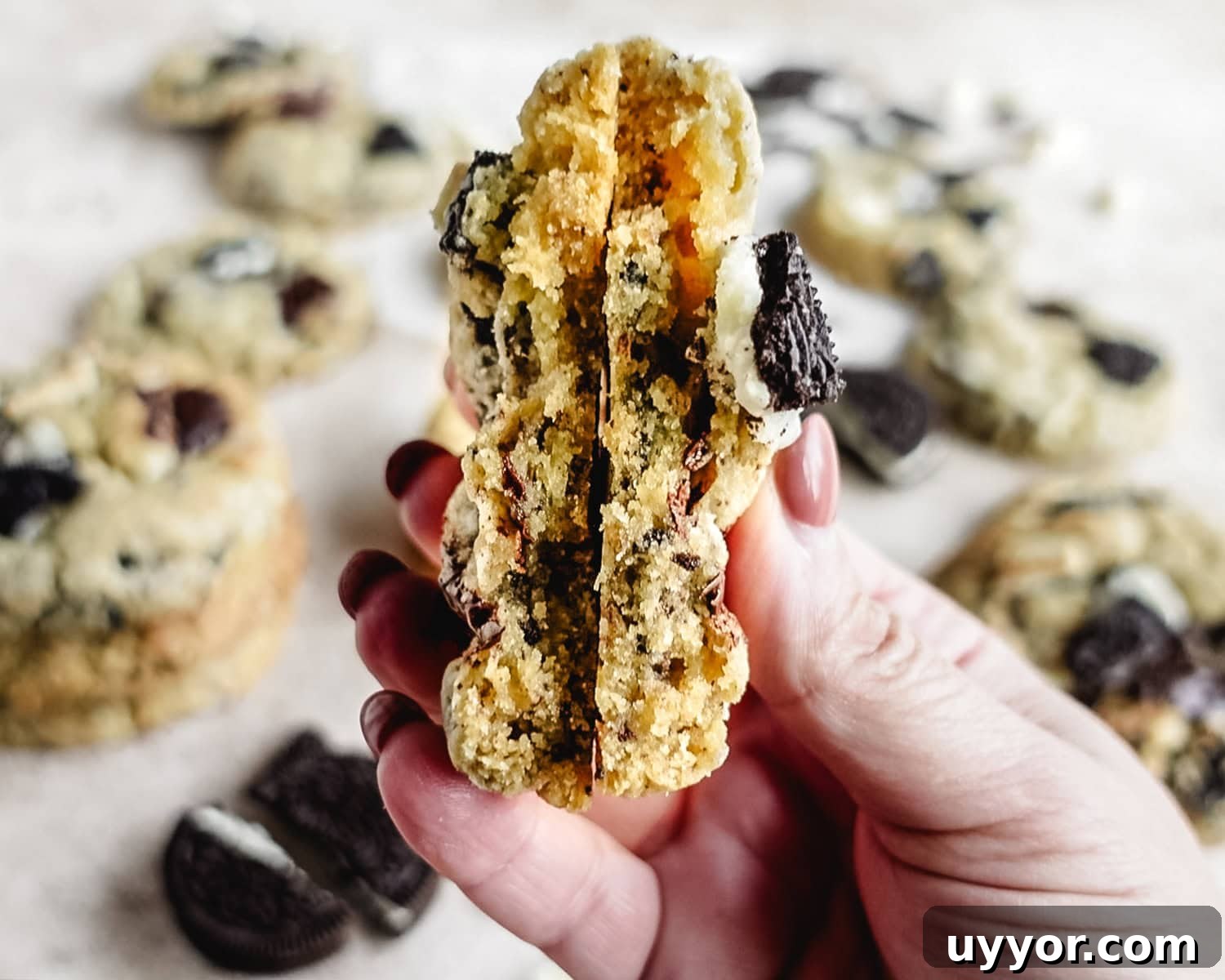 Thick and chewy center of an oreos and cream cookie.