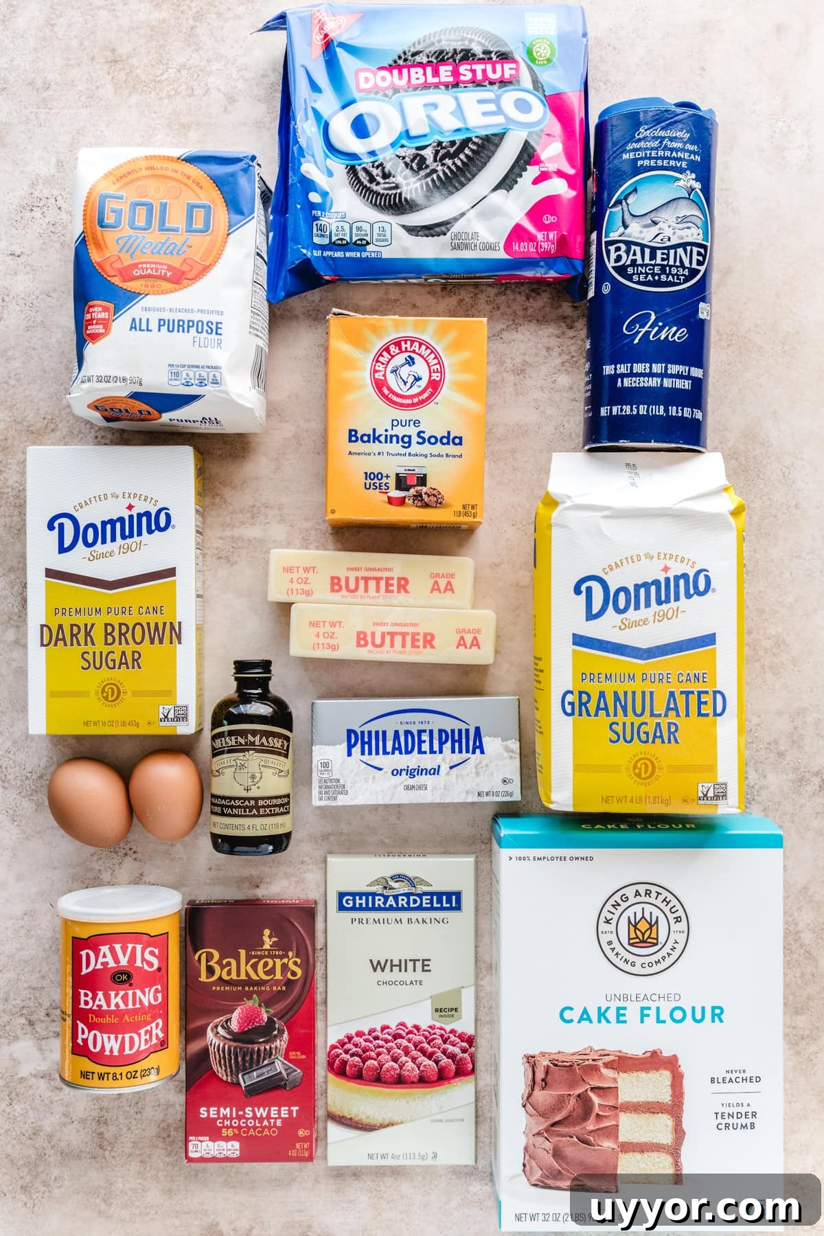 Ingredients needed to make Oreos and cream cookies.