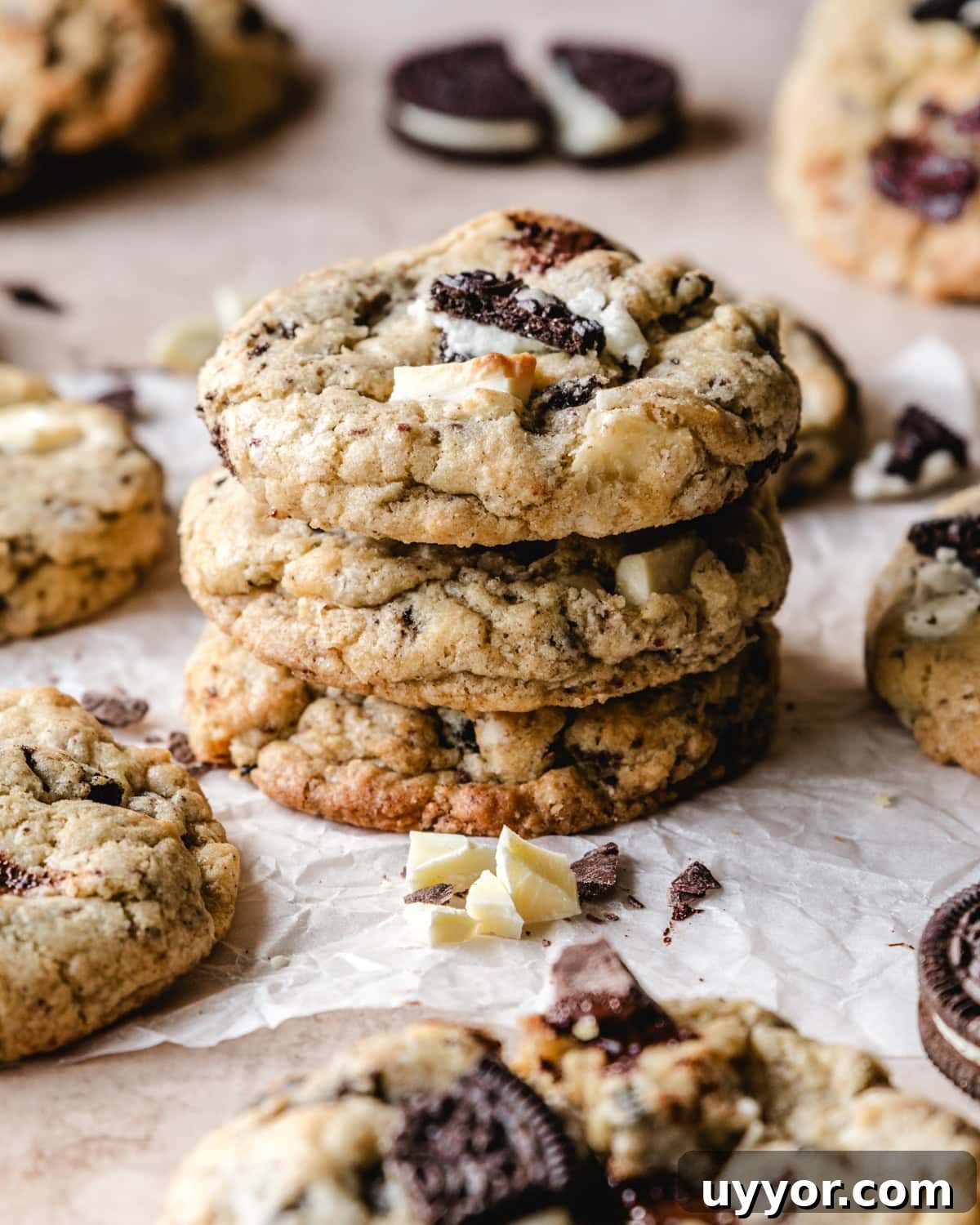 Stack of three oreos and cream cookies.