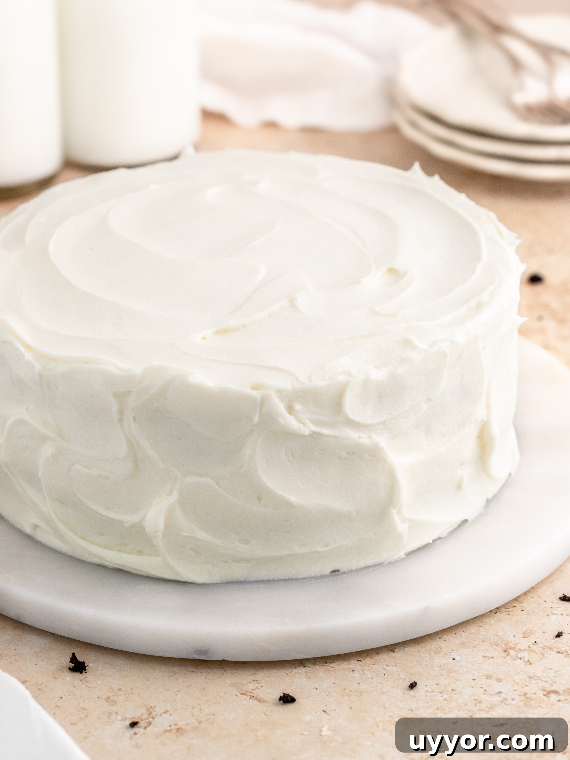 Decadent Chocolate Cake with Cream Cheese Frosting Recipe 3 Chocolate cake with cream cheese frosting on a cake stand
