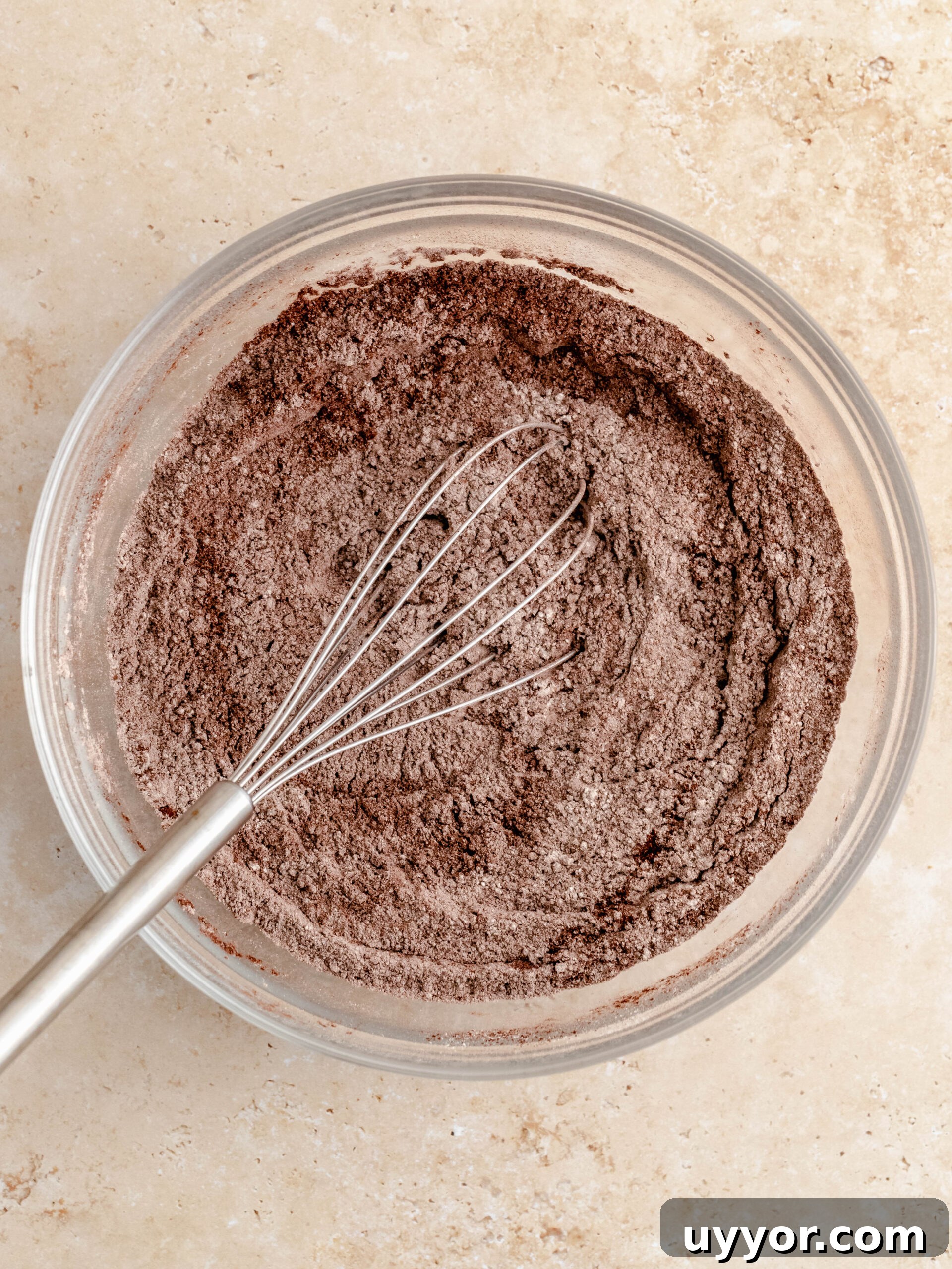 Decadent Chocolate Cake with Cream Cheese Frosting Recipe 5 Dry ingredients in a bowl.