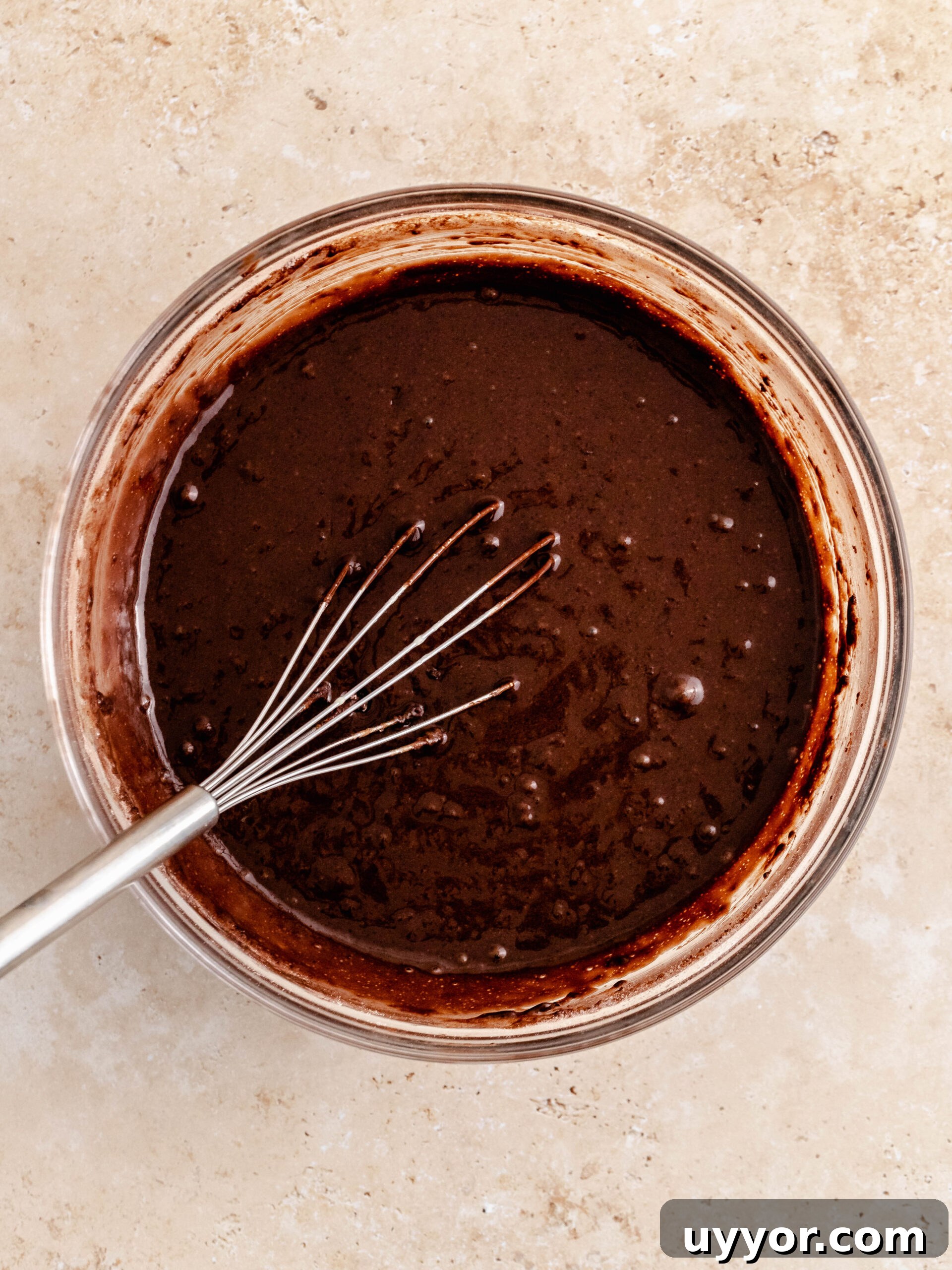 Decadent Chocolate Cake with Cream Cheese Frosting Recipe 6 The wet and dry ingredients mixed together.