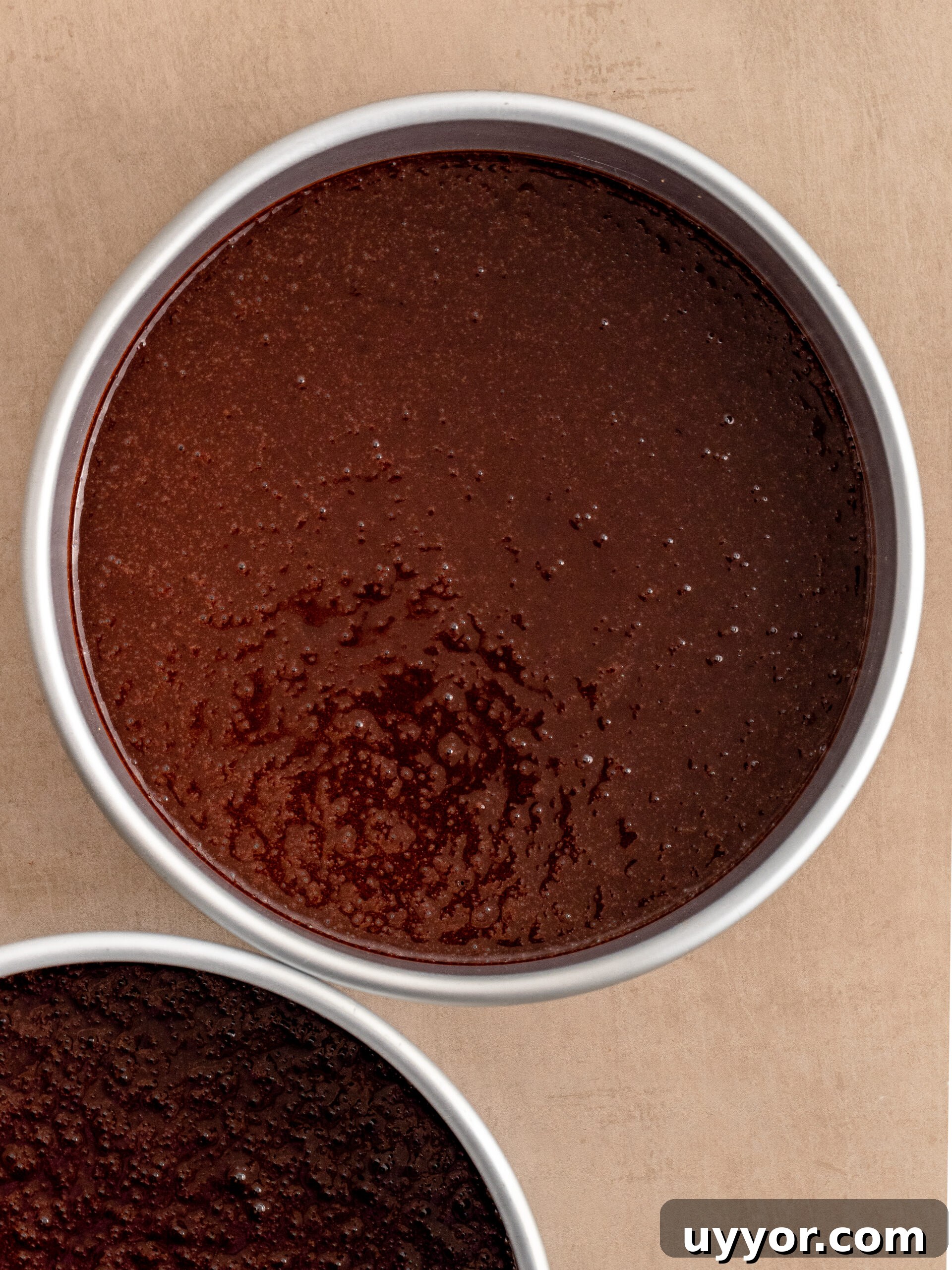 Decadent Chocolate Cake with Cream Cheese Frosting Recipe 7 The batter poured into two baking tins.