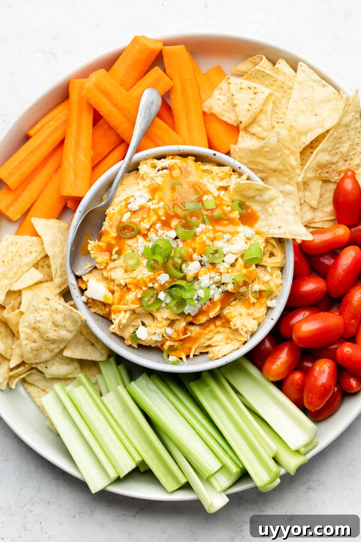 Lightened Buffalo Chicken Dip: Creamy, Tangy Game-Day Recipe 3 platter with healthy buffalo chicken dip and veggies