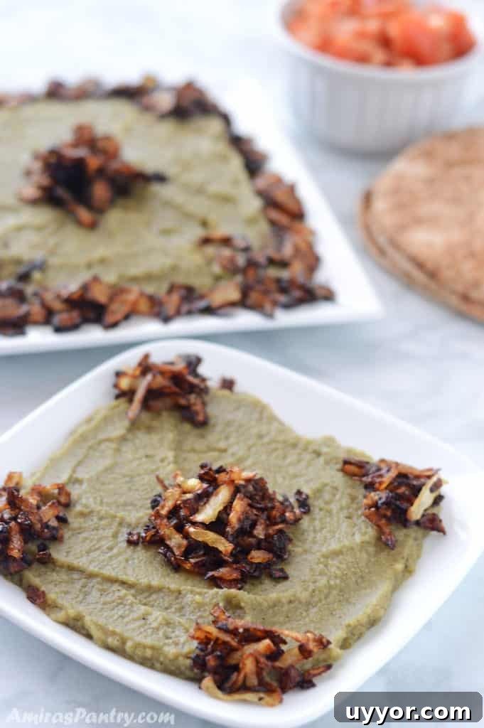 83-Recipe Meal Plan: Weekly Menus for Every Diet 2 white plates of bissara garnished with fried onion with a small bowl of tomato and pita bread on the side.
