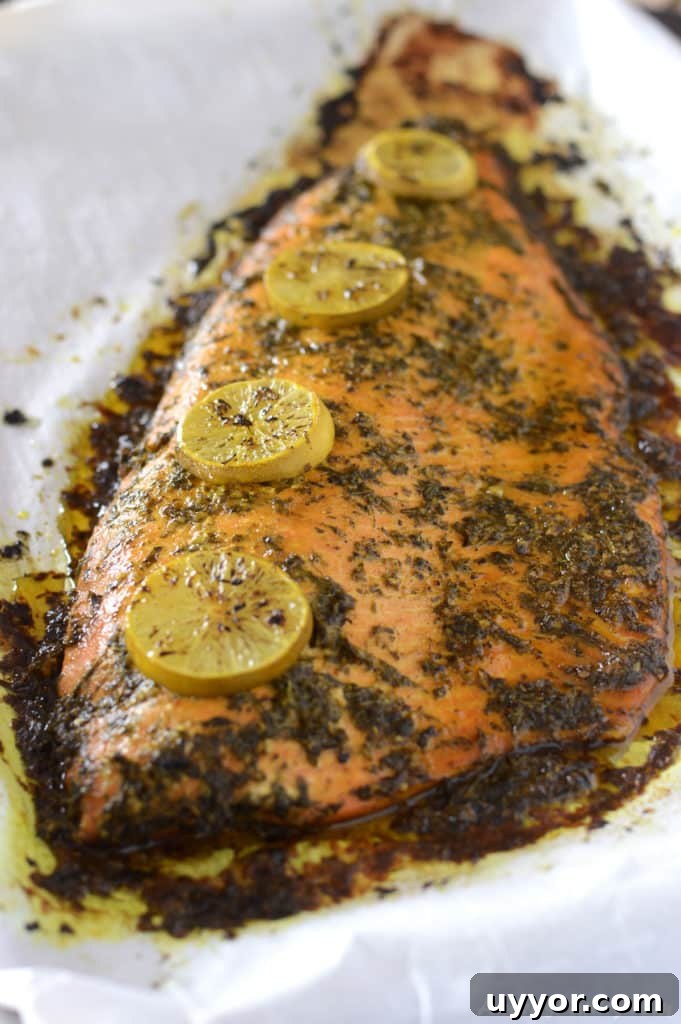 83-Recipe Meal Plan: Weekly Menus for Every Diet 3 A whole salmon fish placed on a baking sheet and garnished with lemon rings
