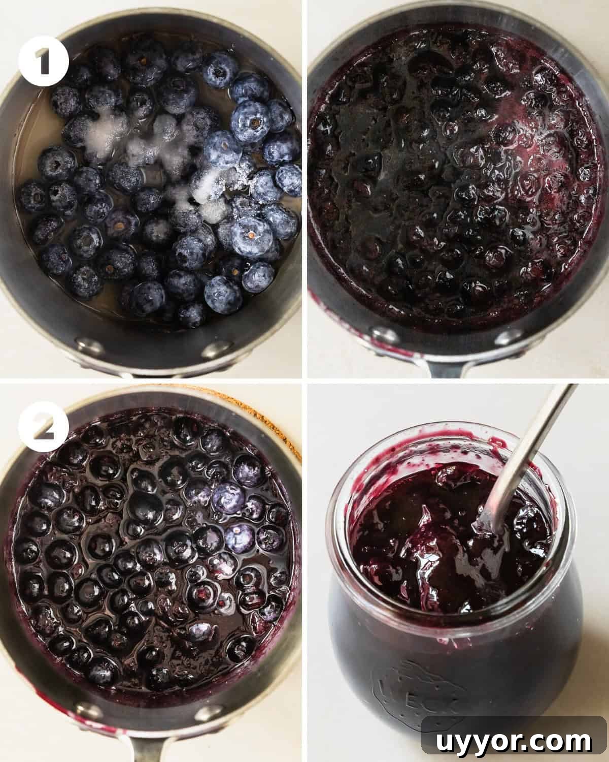 Fresh Blueberry Compote Recipe for Yogurt, Pancakes & Desserts 4 Cook blueberries with sugar, water and lemon juice until thickened.
