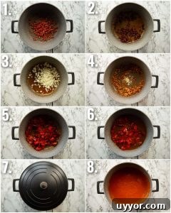 8 step by step photos showing how to make roasted red pepper soup
