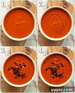4 step by step photos showing how to serve roasted red pepper soup