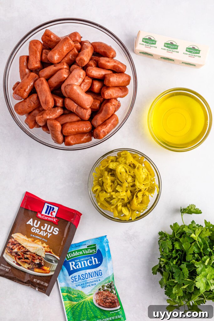 Crockpot Mississippi Little Smokies Recipe: Savory Slow-Cooker Sausages 3 slow cooker Mississippi little smokies ingredients on countertop