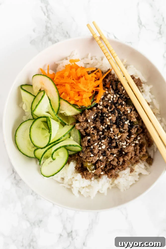A top down view of a Korean beef bowl.