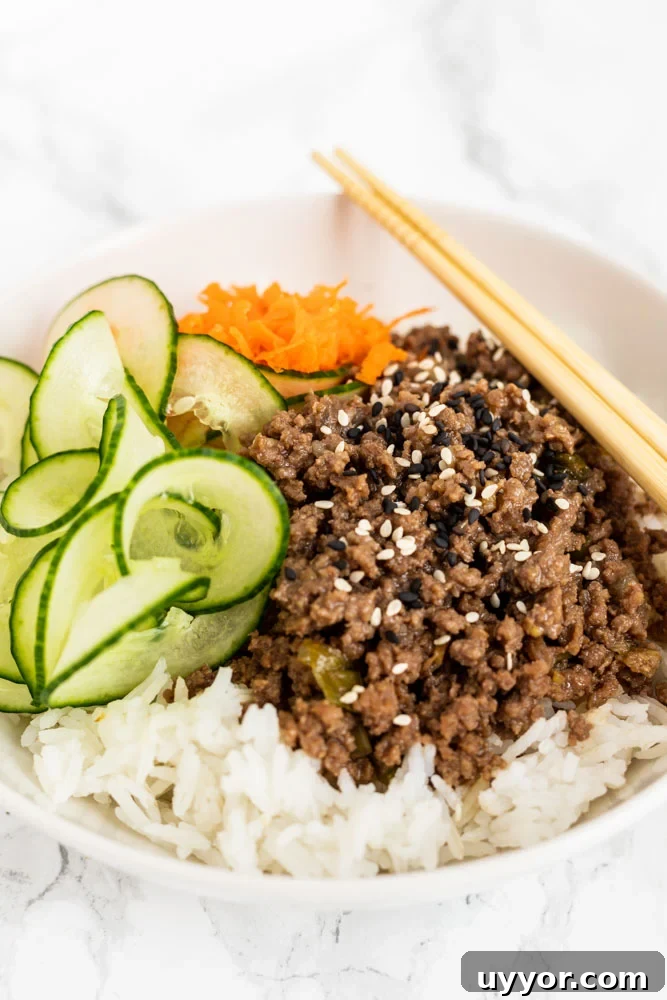 A close up view of a Korean beef bowl.
