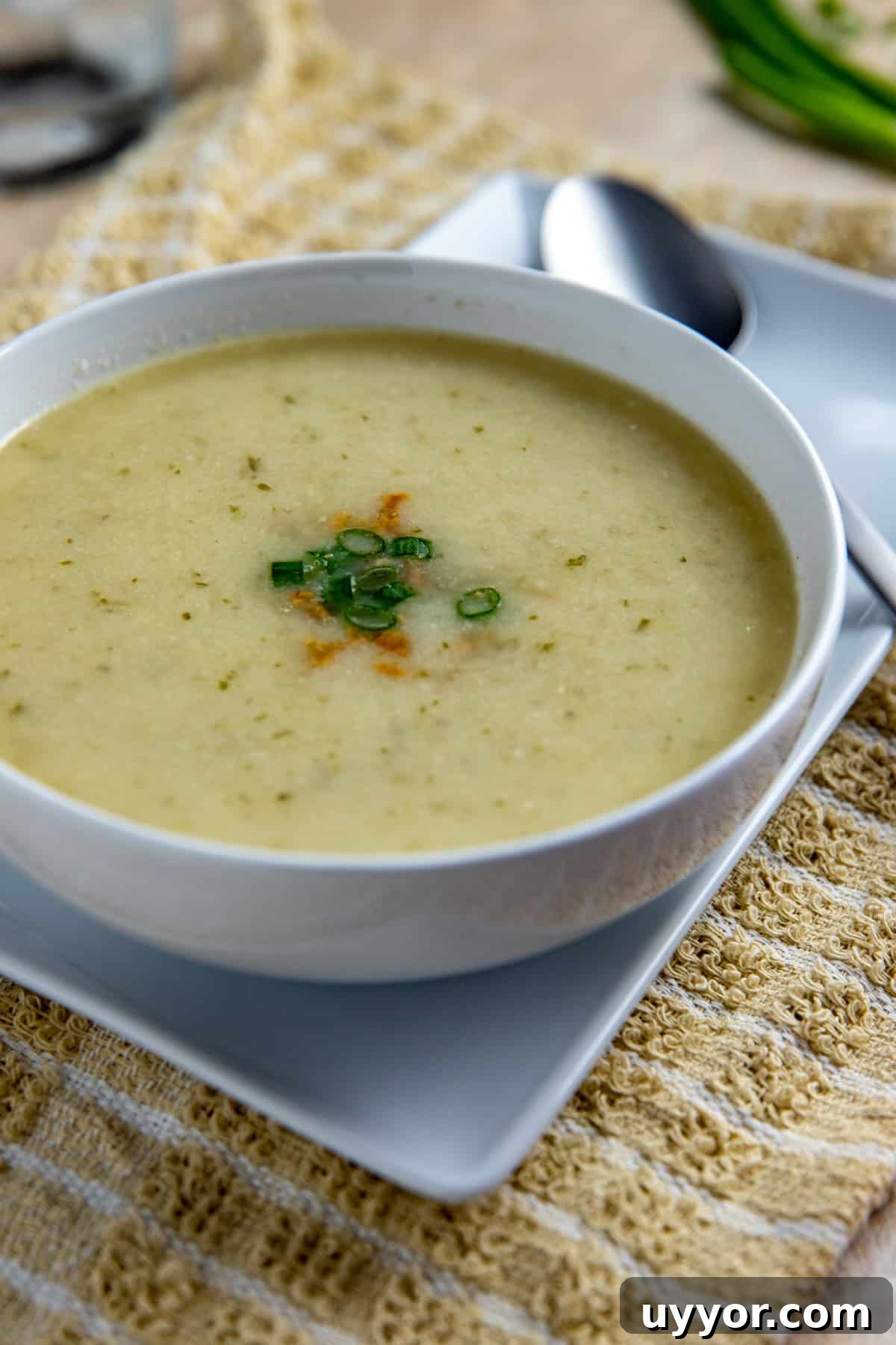 Creamy Keto Cauliflower Soup Recipe – Low-Carb Comfort Bowl 2 Soup in round white bowl sitting on white square plate. Soup topped with sliced green onions.