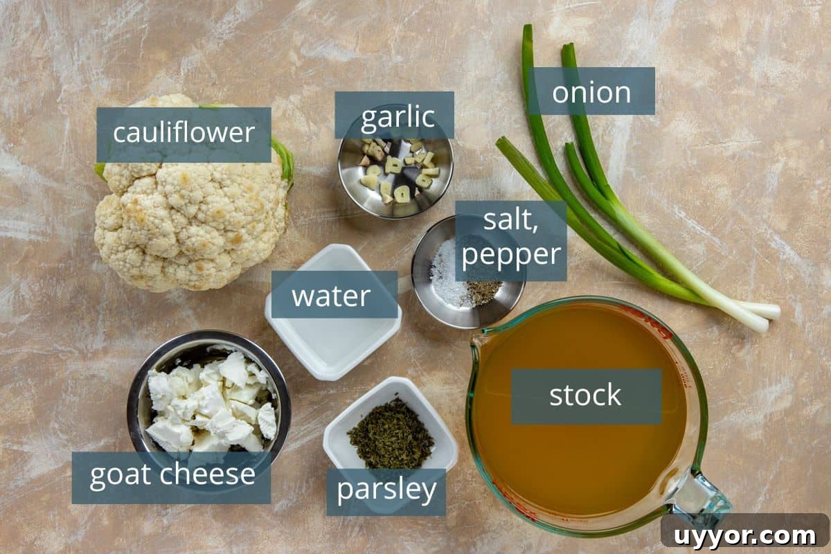 Creamy Keto Cauliflower Soup Recipe – Low-Carb Comfort Bowl 3 All ingredients measured out in individual containers on counter top.