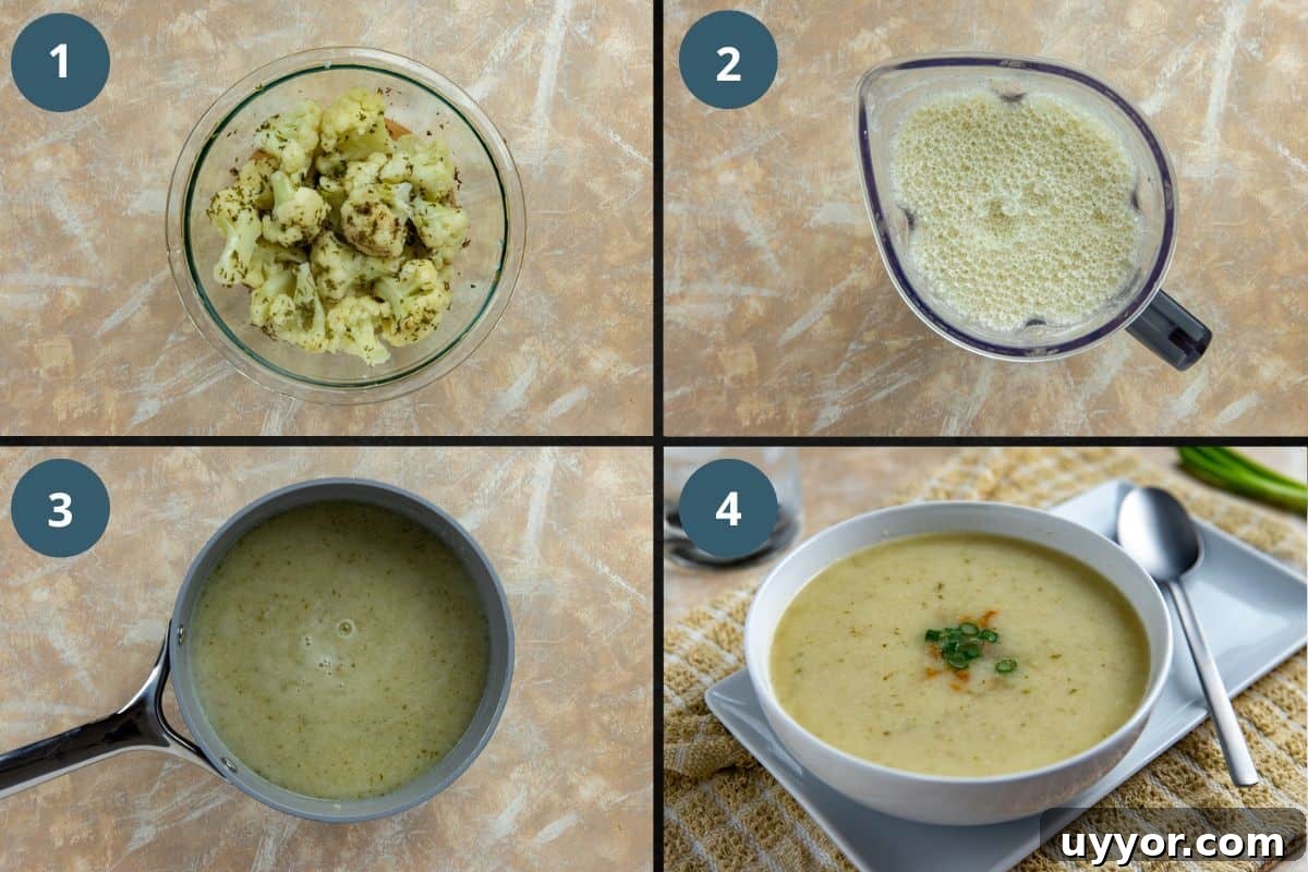 Creamy Keto Cauliflower Soup Recipe – Low-Carb Comfort Bowl 4 Photo collage of recipe steps.