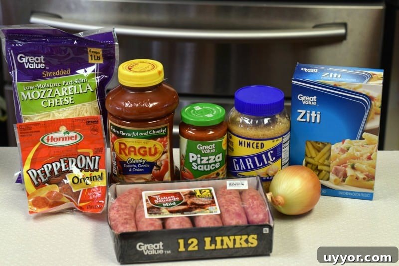 Ingredients for easy baked ziti.