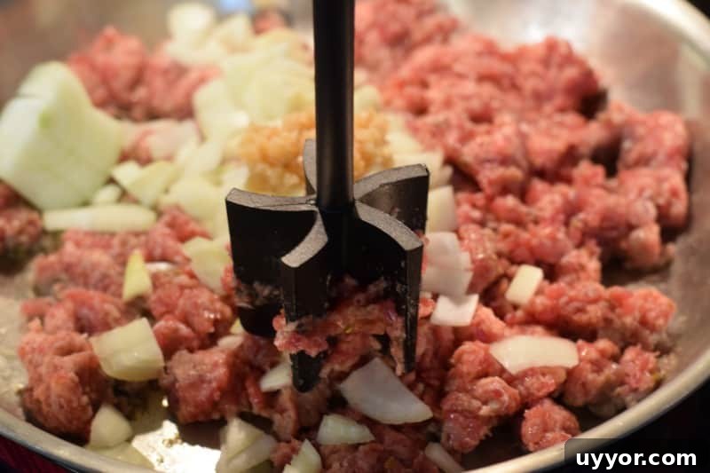 Cook sausage, onion, and garlic in skillet.