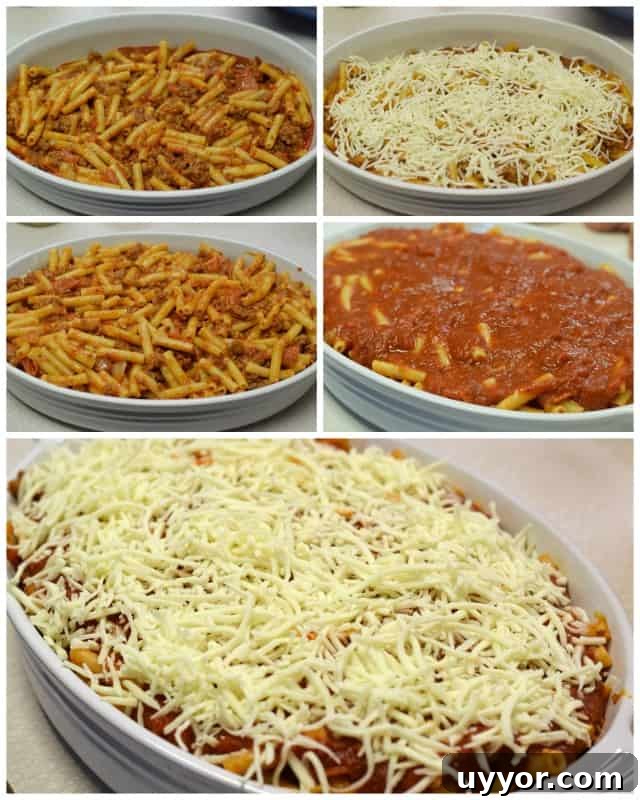 Layer spaghetti sauce, ziti, cheese, ziti, more sauce, and more cheese in baking dish.
