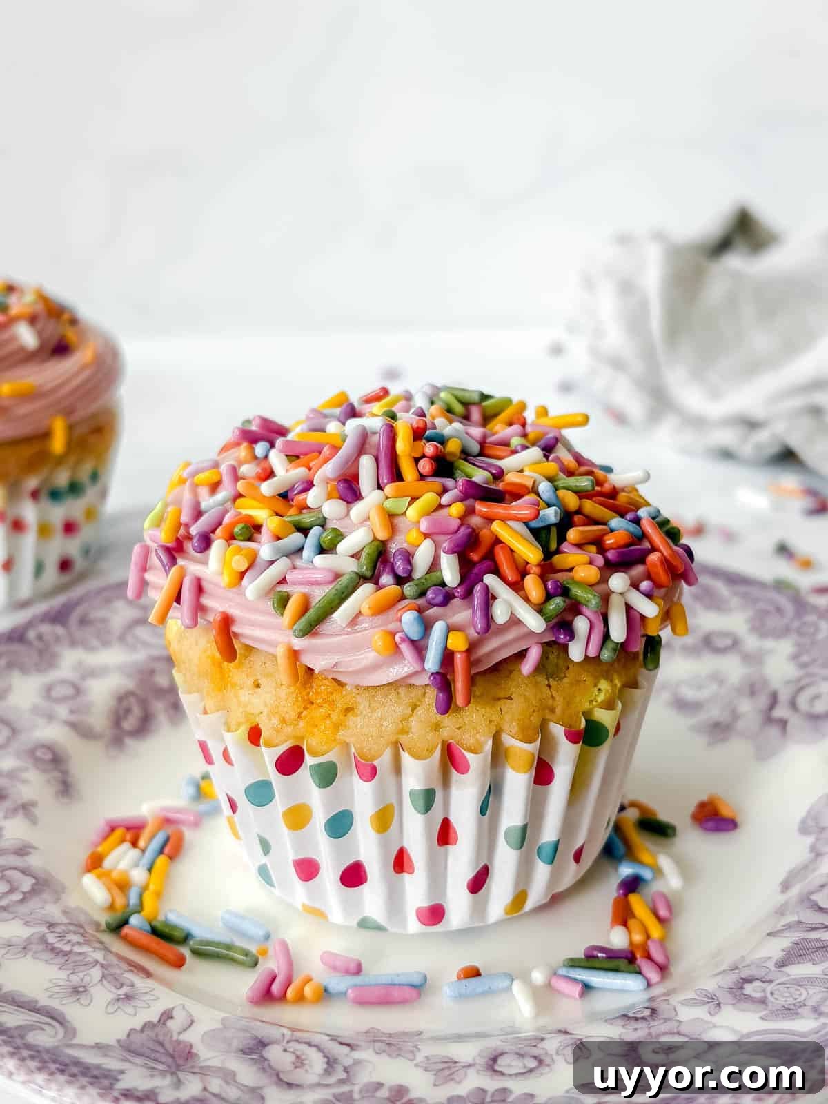 Mini Funfetti Cupcakes: Small-Batch Party Recipe for 12 12 A funfetti cupcake with pink frosting and lots of sprinkles on top.