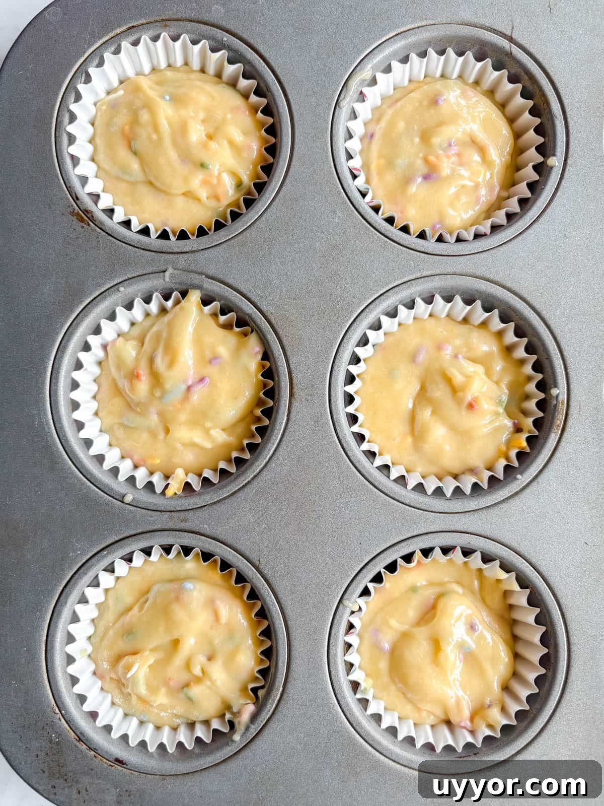 Mini Funfetti Cupcakes: Small-Batch Party Recipe for 12 9 6 cupcakes filled with funfetti batter before baking.