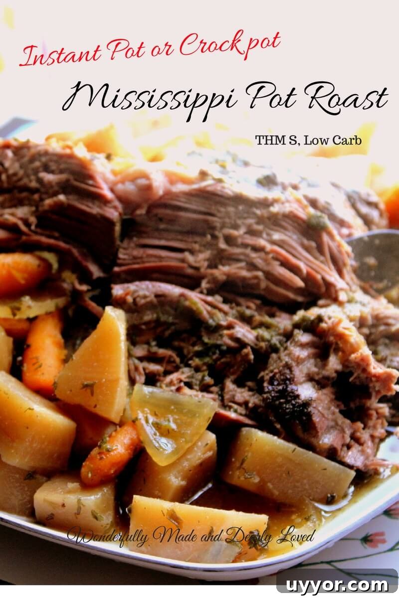Mississippi Pot Roast in the Instant Pot: Tender, Flavorful Dinner 5 Instant Pot or Crock Pot Mississippi Pot Roast made Trim and Healthy.#THM #LowCarb #InstantPot #CrockPot #PotRoast
