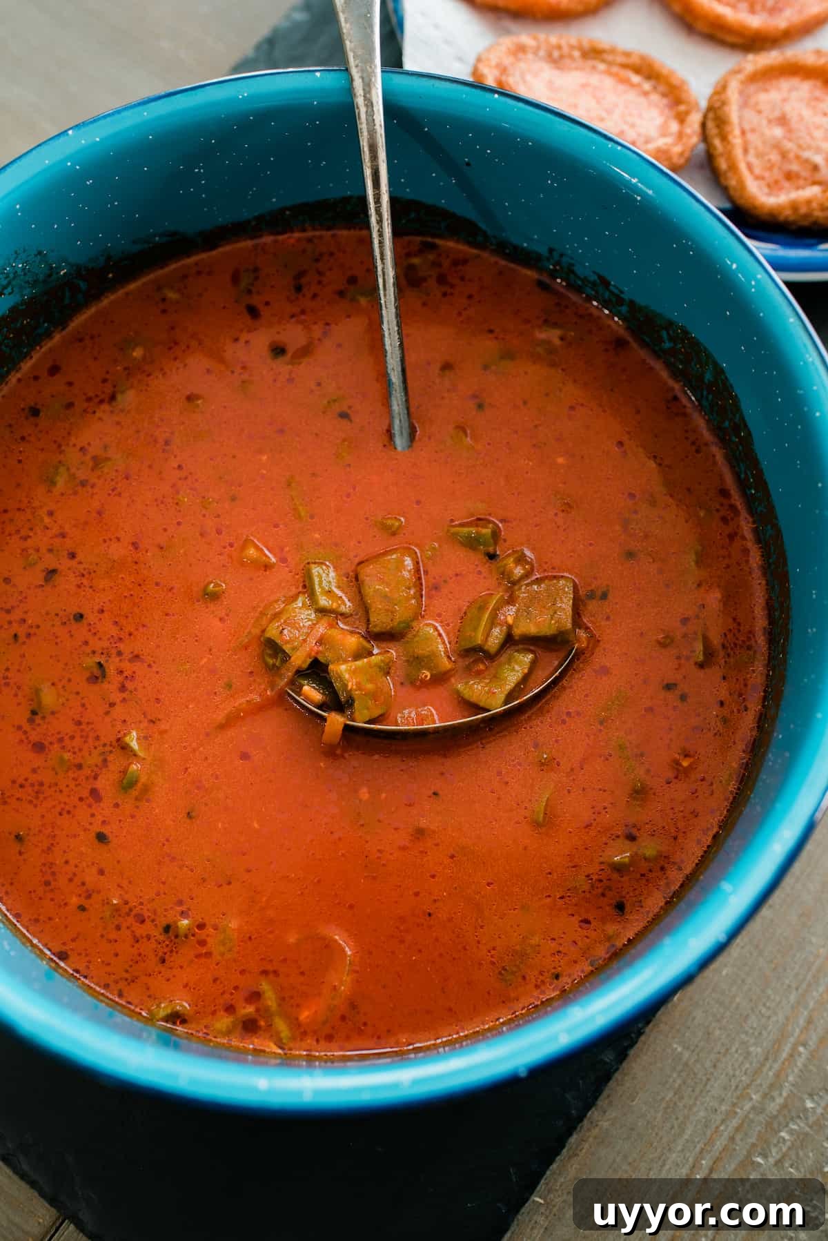Nopales Shrimp Patties: Mexican Dried Shrimp Tortitas Recipe 5 Nopales cactus and guajillo chile sauce for tortitas de cameron in a blue enamel pot.