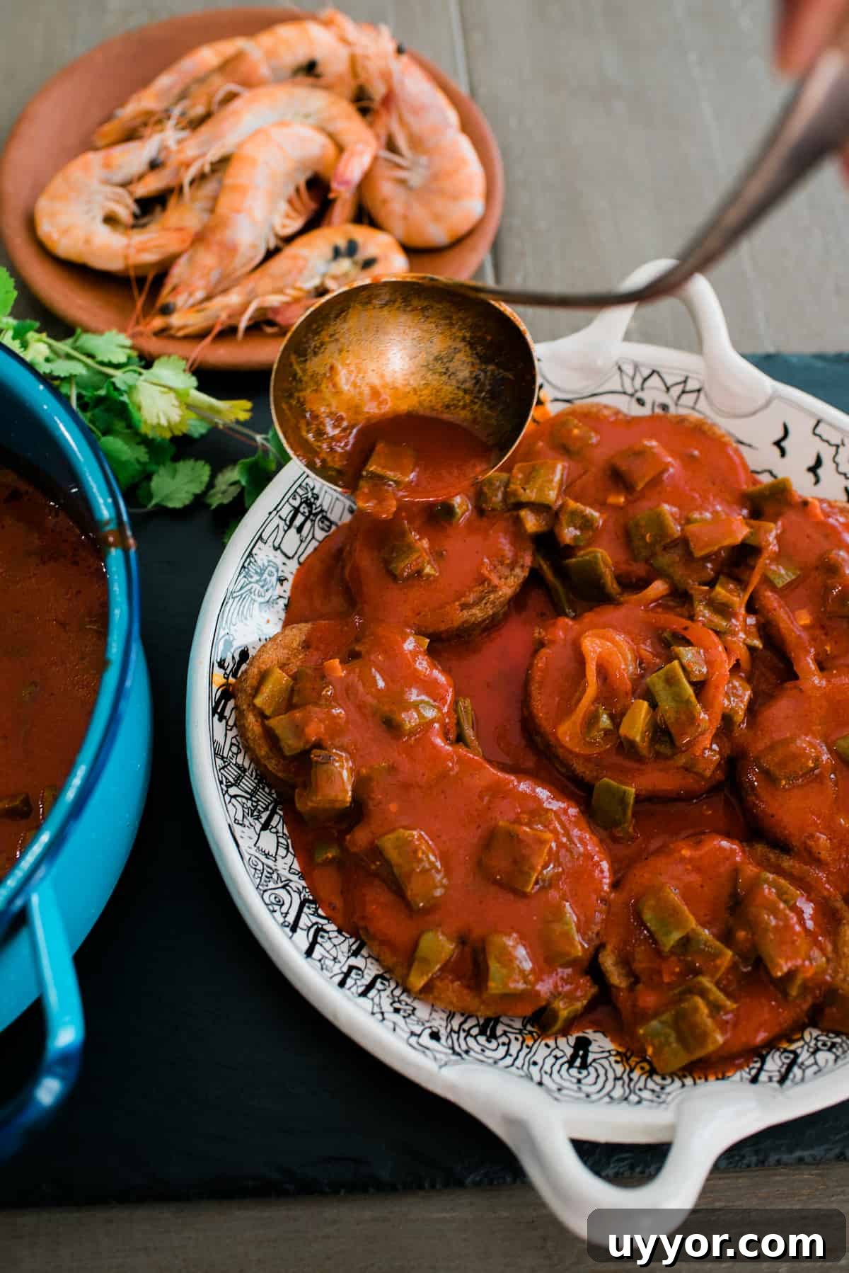 Nopales Shrimp Patties: Mexican Dried Shrimp Tortitas Recipe 7 Tortitas de Camarón on a plate being covered with red chile sauce nopales in a ladle.