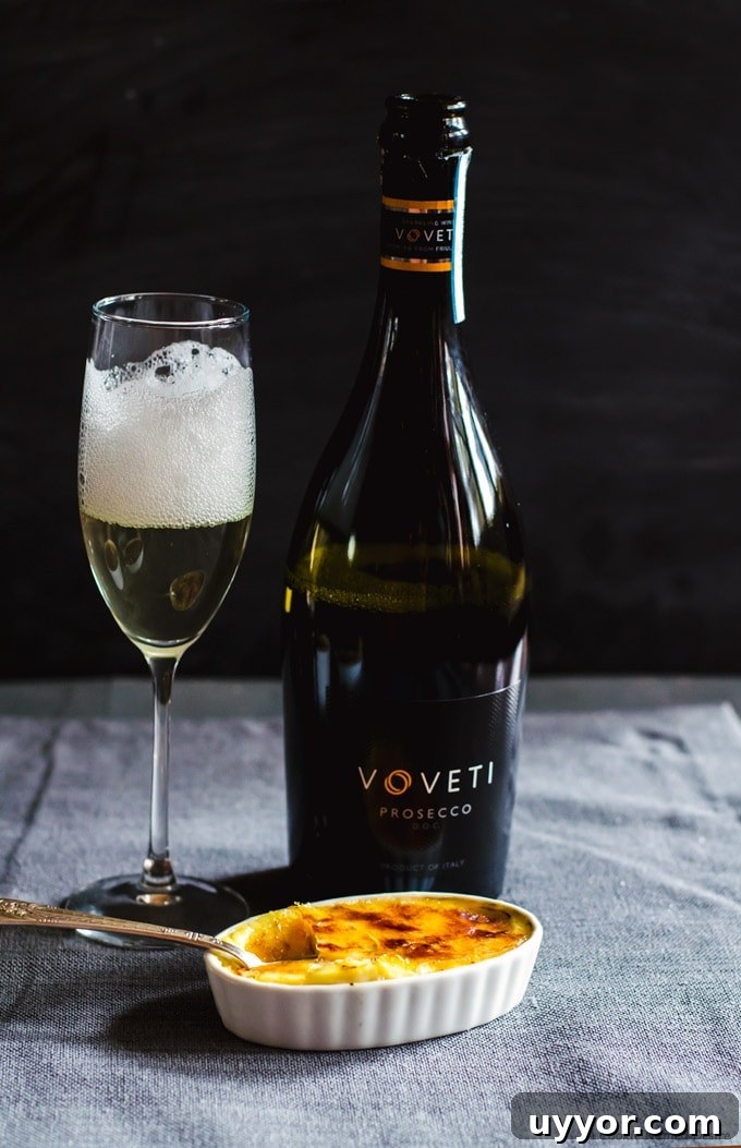 The perfect pair: VOVETI sparkling wine and white chocolate creme brulee with a luscious blackberry jam bottom