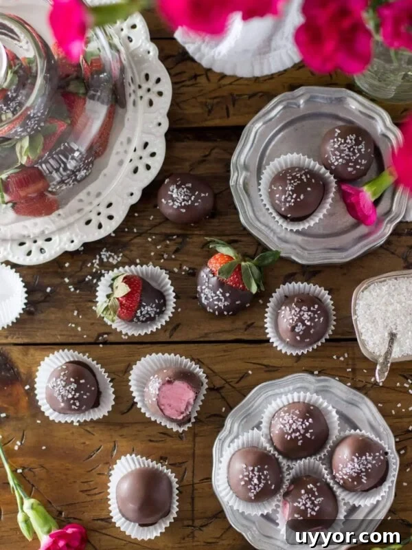 Overhead of strawberry buttercream candies arranged on a silver plate and wood surface, surrounded by chocolate covered strawberries