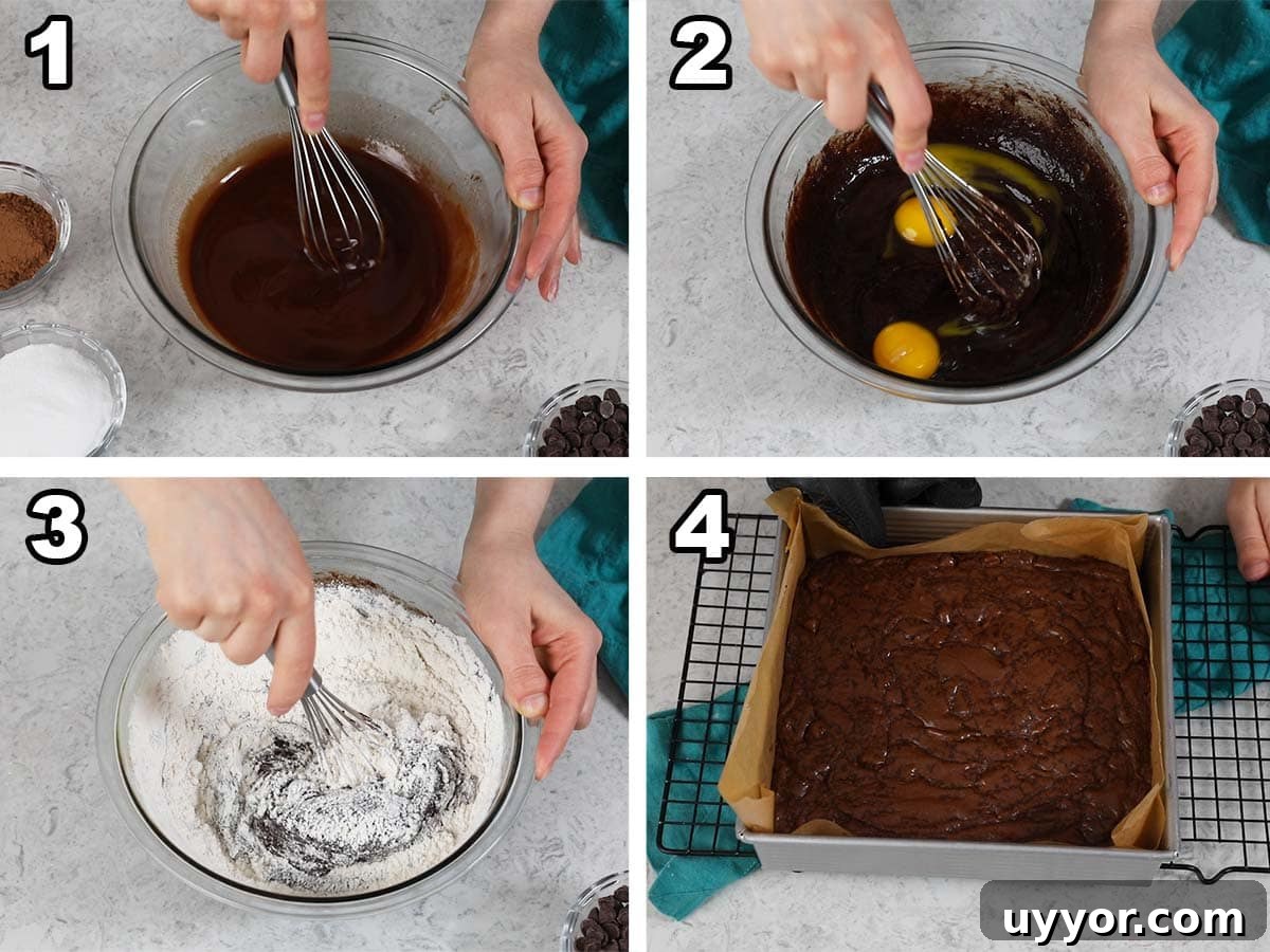 collage of four photos showing brownies being made from scratch