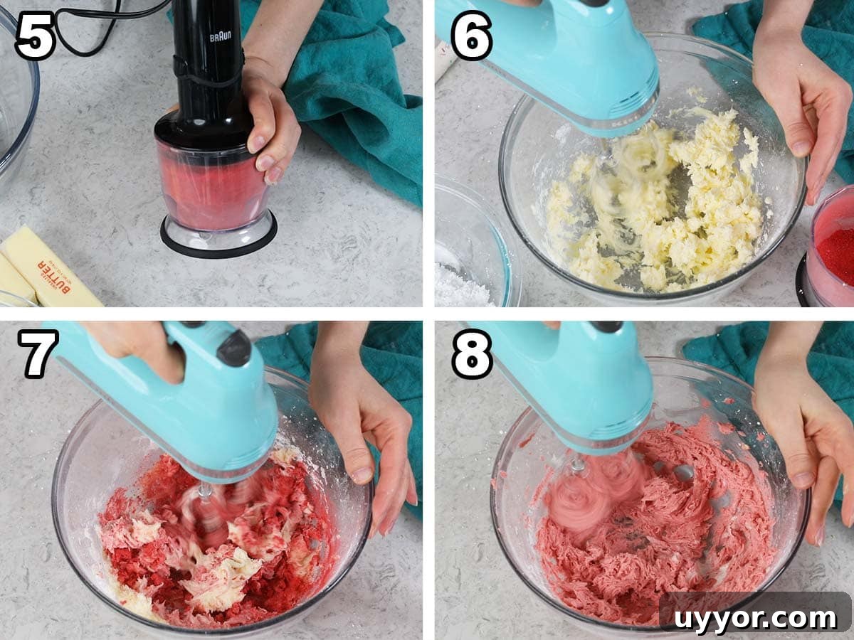 collage of four photos showing how to make a strawberry frosting filling for brownies