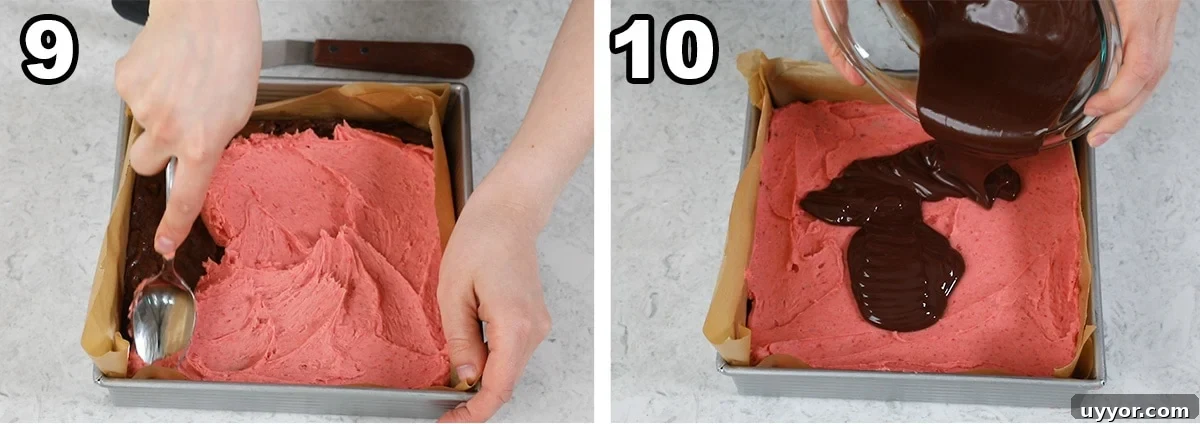 collage of two photos showing brownies being spread with strawberry frosting and chocolate ganache