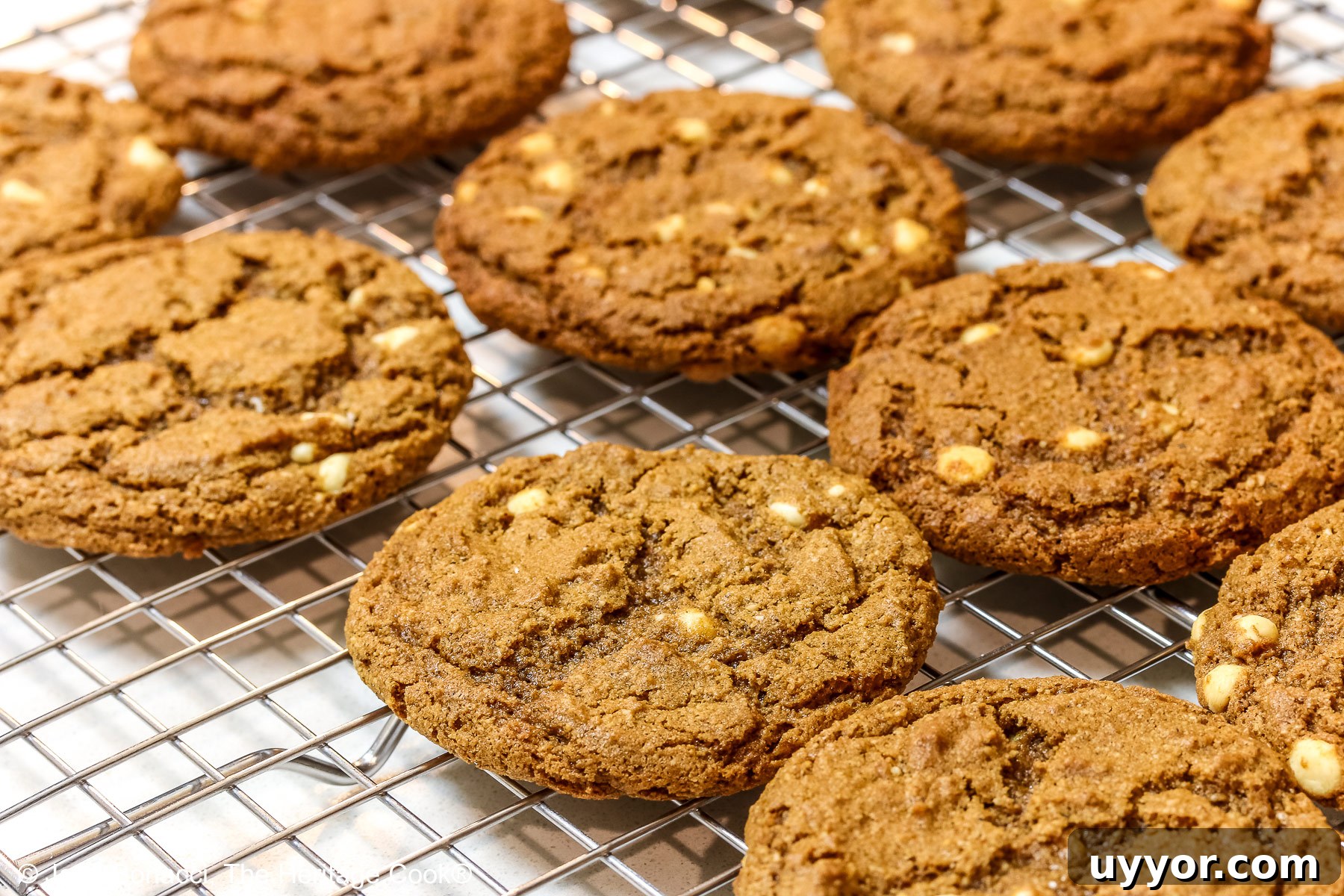 Rack of cookies fresh from the oven - you can see the white chocolate studded throughout the cookies!