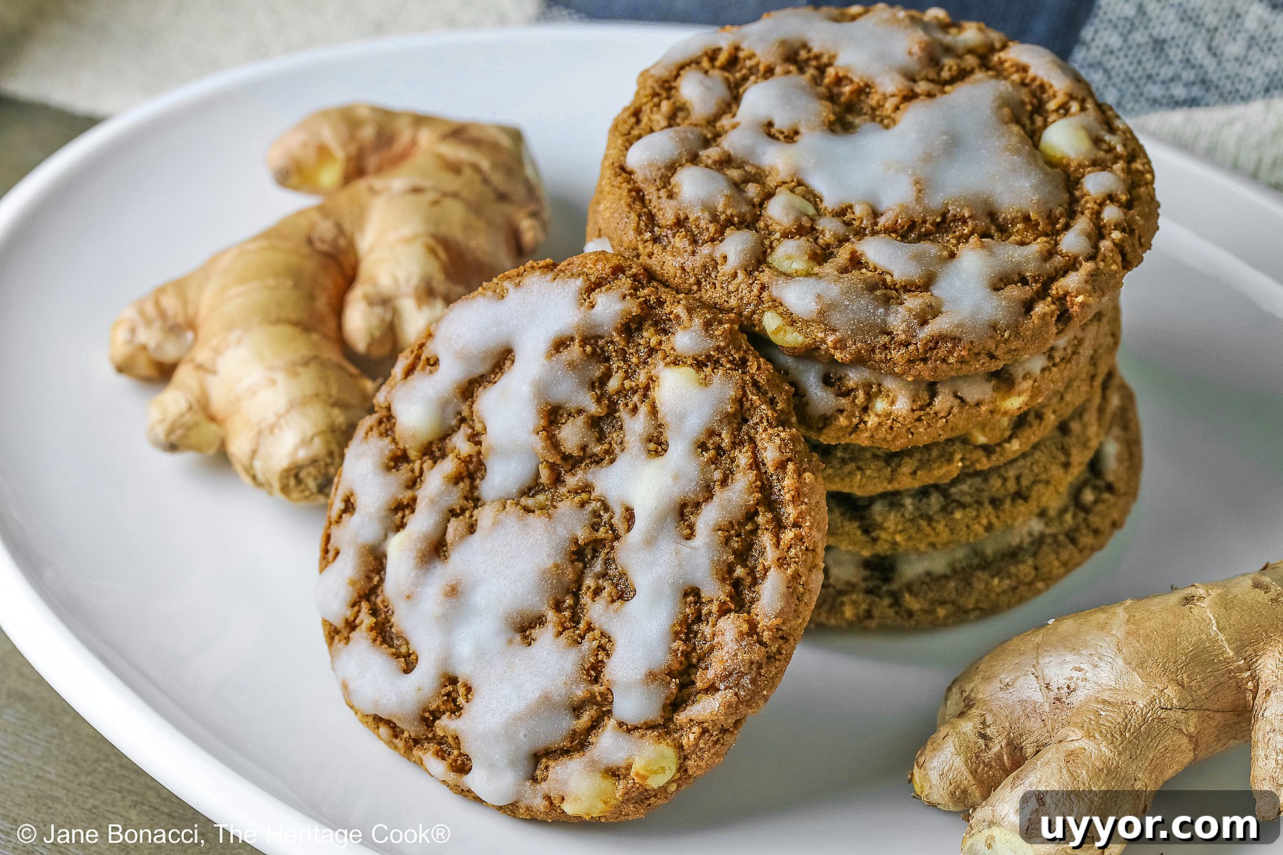 Stack of Iced Ginger White Chocolate Cookies on a white platter with a single iced cookie in front leaning against the stack flanked with two pieces of fresh ginger on either side with a checked cloth behind © 2024 Jane Bonacci, The Heritage Cook. 