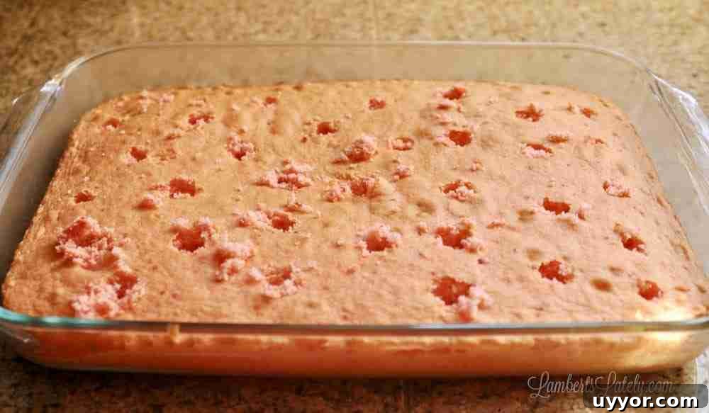 Strawberry Banana Pudding Cake Recipe — Moist Layer Cake 5 strawberry cake with holes punched in it.