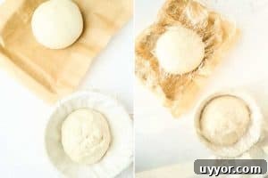dough in proofing basket before and after.