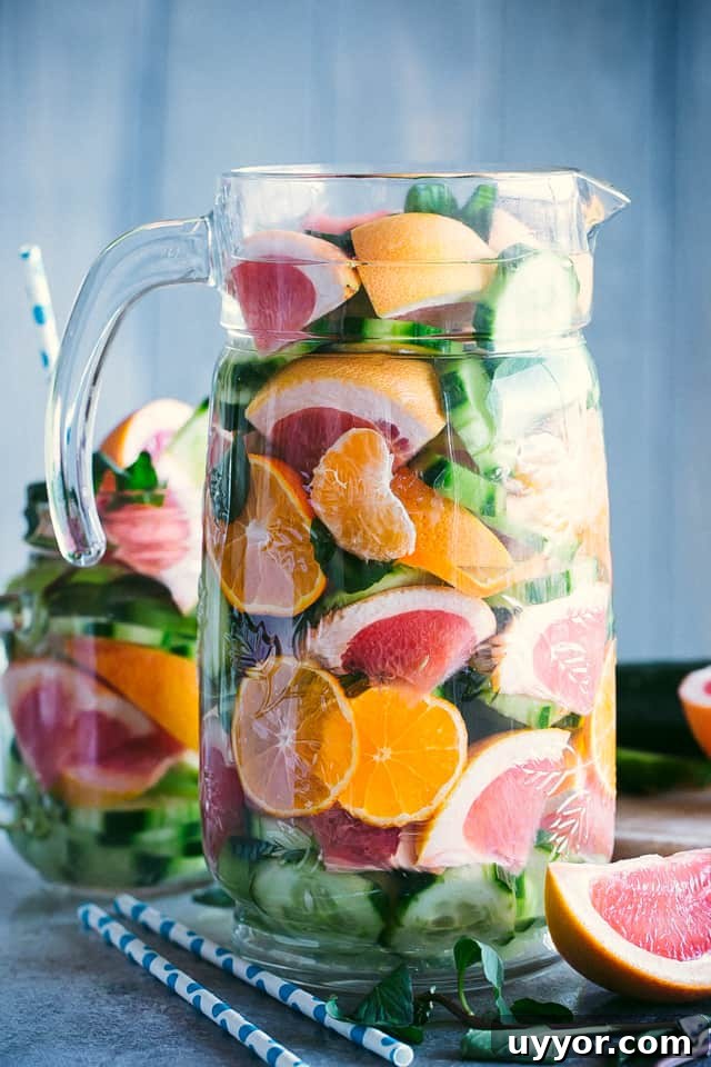 Made with refreshing cucumber, mint, and citrus, this chilled spa water is super easy to make and incredibly refreshing. Treat yourself! Spa water is in a pitcher; a glass of spa water just behind it.