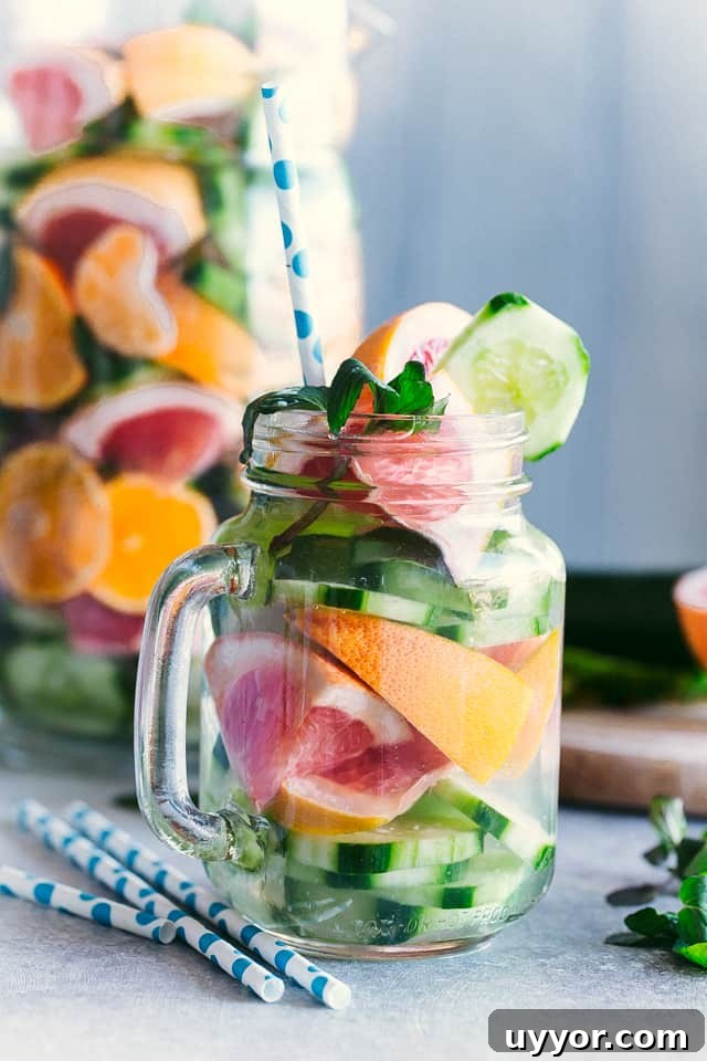 Made with refreshing cucumber, mint, and citrus, this chilled spa water is super easy to make and incredibly refreshing. Treat yourself! Spa water in a glass with a straw. Several more straws sit beside it.