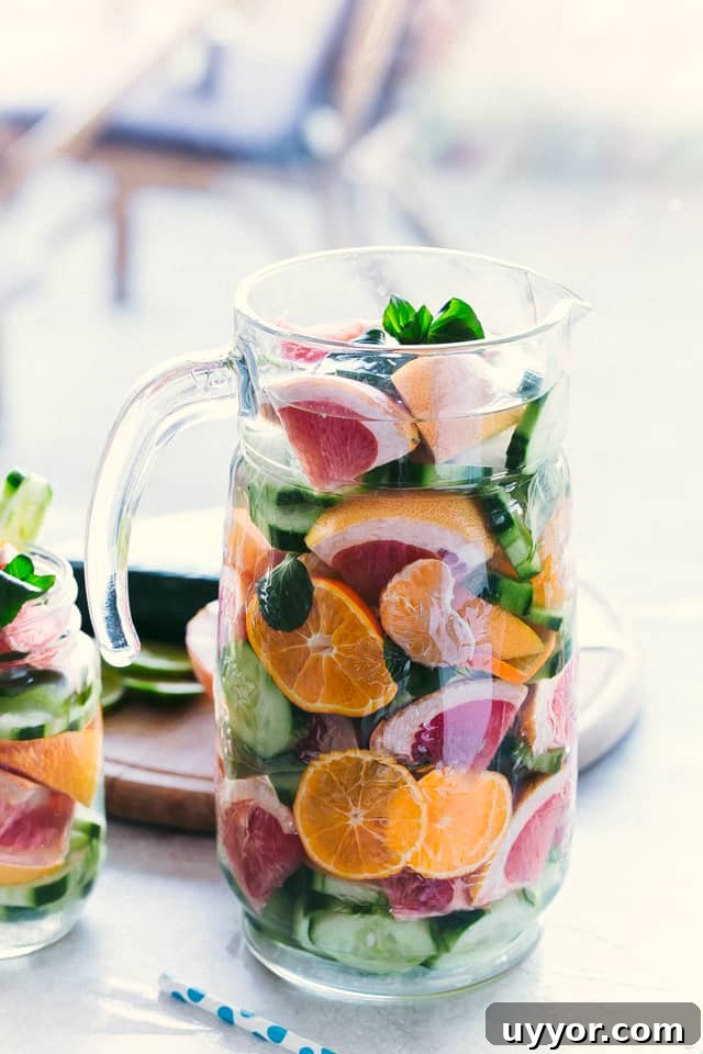 Made with refreshing cucumber, mint, and citrus, this chilled spa water is super easy to make and incredibly refreshing. Treat yourself! Spa water in a pitcher.