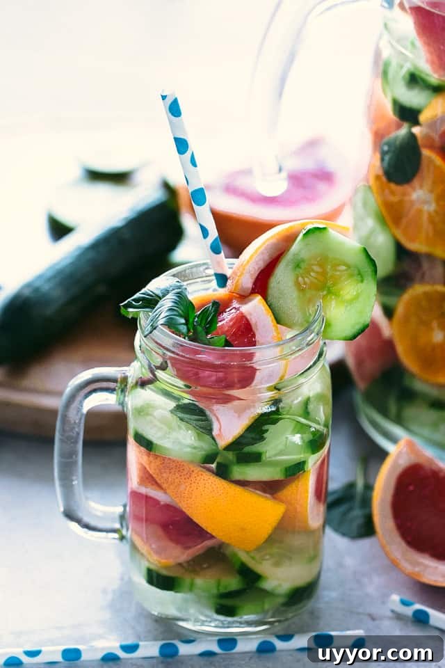 Made with refreshing cucumber, mint, and citrus, this chilled spa water is super easy to make and incredibly refreshing. Treat yourself! Spa water served in a glass with a straw.