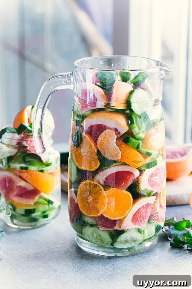 Made with refreshing cucumber, mint, and citrus, this chilled spa water is super easy to make and incredibly refreshing. Treat yourself! Spa water in a pitcher near a glass of spa water.