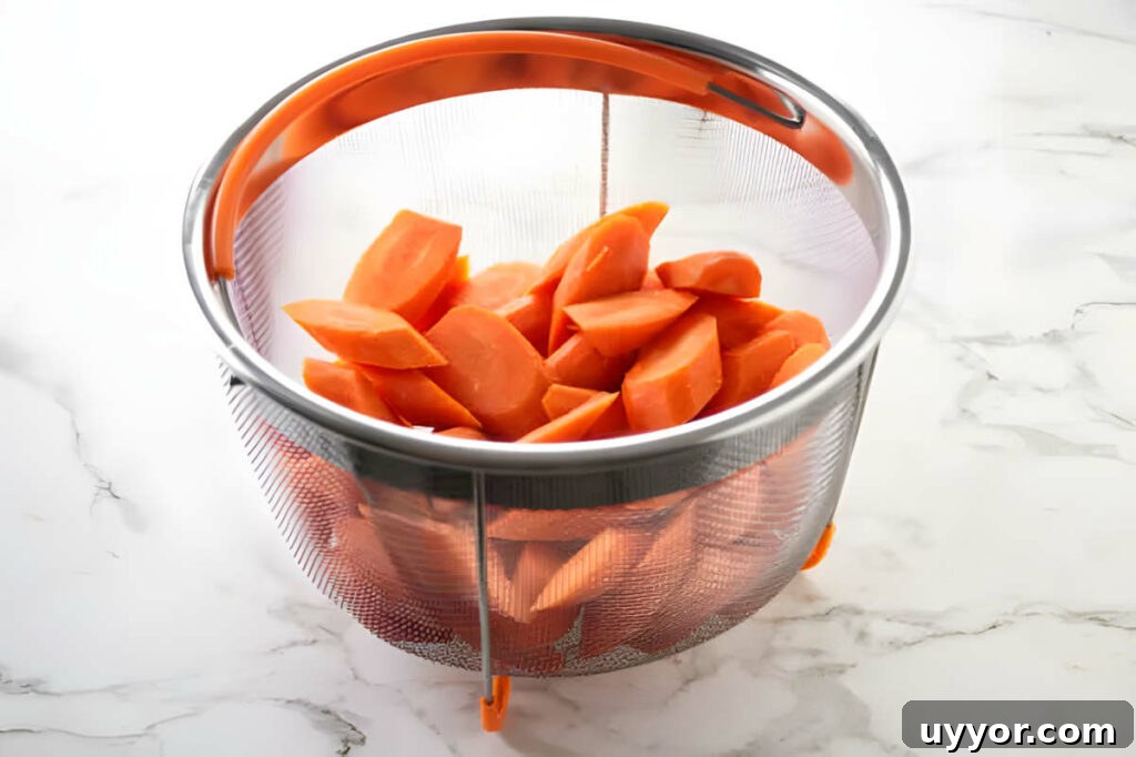 Sliced carrots in a steamer basket.