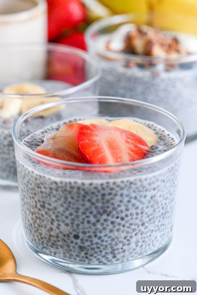 Creamy Chia Seed Pudding Recipes for Breakfast & Desserts 2 Close-up of chia pudding with almond milk, topped with sliced strawberries and bananas, low carb and dairy-free option