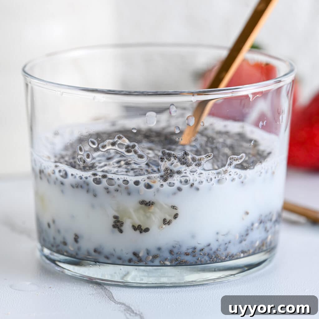 Creamy Chia Seed Pudding Recipes for Breakfast & Desserts 7 Mixing chia seed pudding with a golden spoon to break clumps