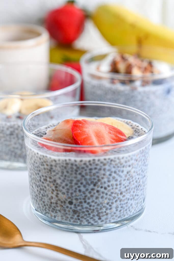 Creamy Chia Seed Pudding Recipes for Breakfast & Desserts 8 Easy chia seed pudding recipe served in glass jars with banana, strawberries, and crunchy toppings, ideal for vegan meal prep