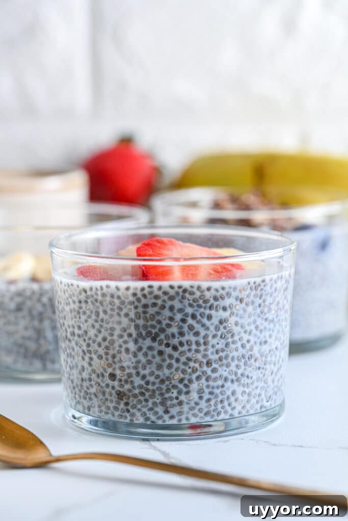 Creamy Chia Seed Pudding Recipes for Breakfast & Desserts 9 Creamy chia seed pudding in a glass topped with fresh strawberry slices, perfect for a healthy breakfast or snack