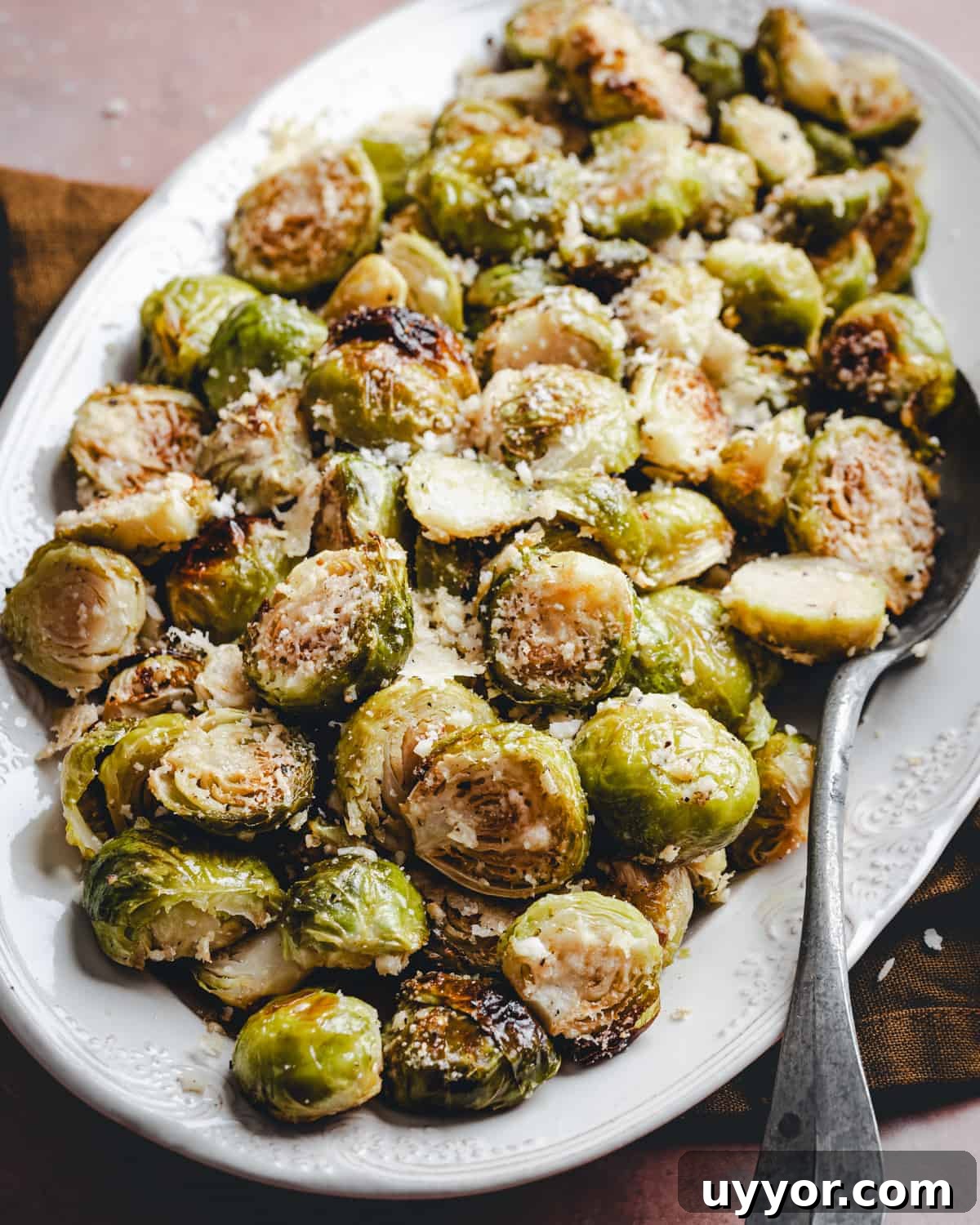 Garlic Parmesan Brussels Sprouts served.